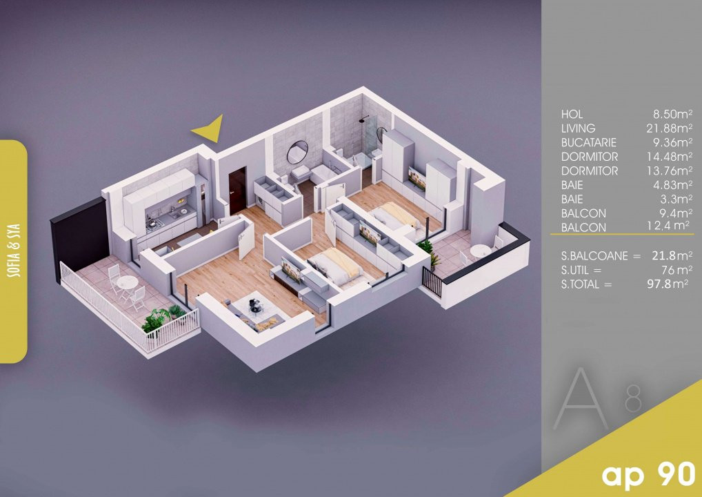 FINALIZAT | Pallady | 3 camere, 2 terase, etaj 8, an 2025, loc parcare | metrou 